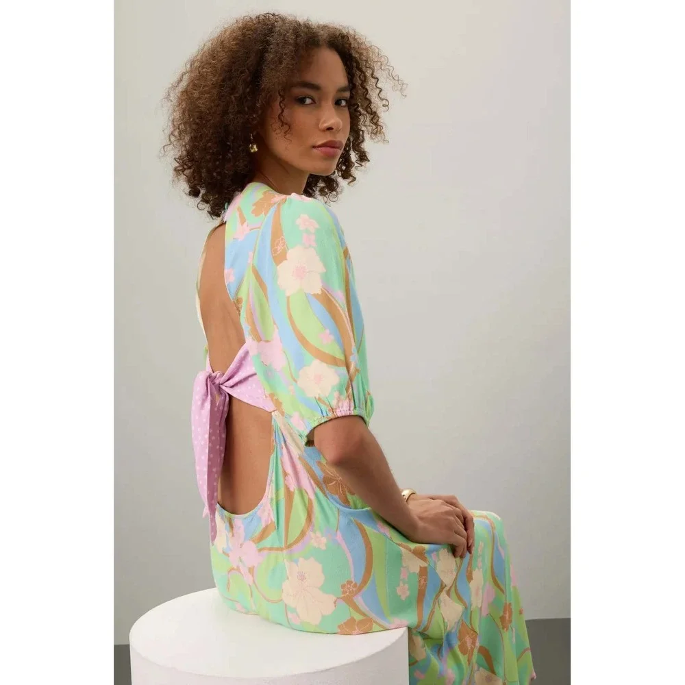 RIXO Steph Maxi Dress Floral Open Back Tie Waist Puff Sleeve Size S - Picture 1 of 9